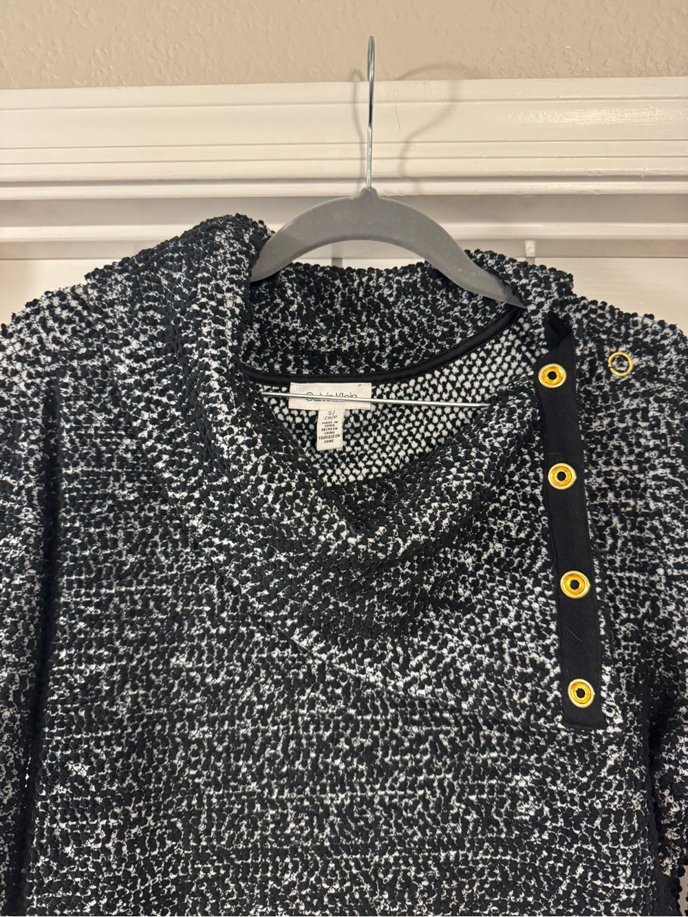 Calvin Klein Black & White Marled Funnel Neck Sweater with Snap Detail - Picture 2 of 13